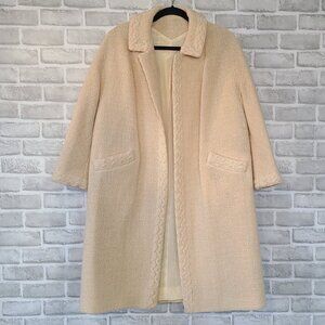 Vintage Cream Tweed Overcoat Satin Lined Handmade Long Retro 50s Style Old Money